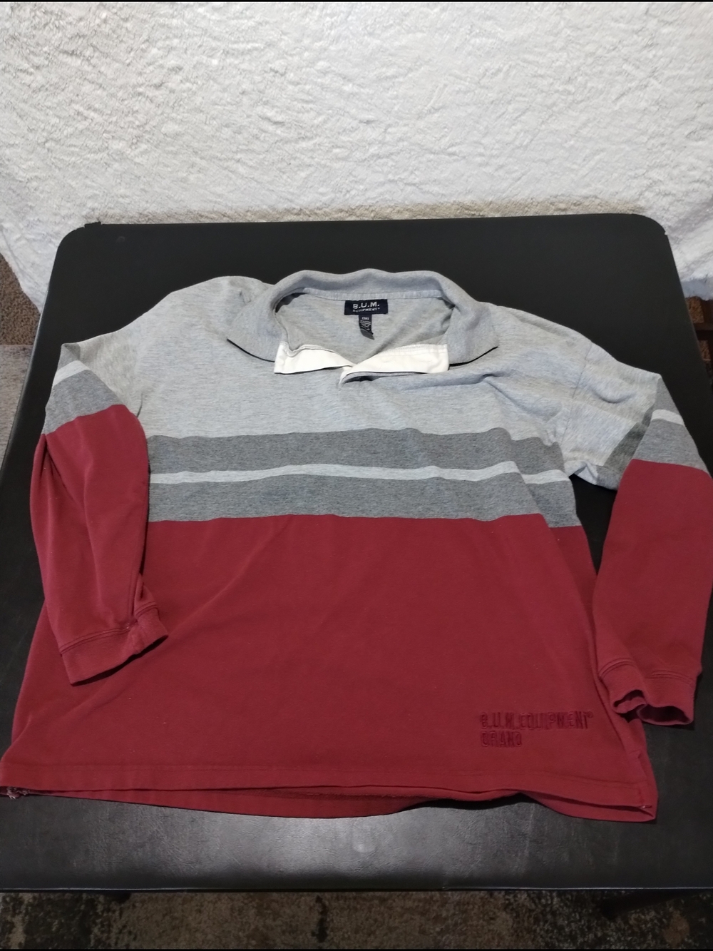 Vintage 90's B.U.M. Equipment Men's Maroon and Light Gray Striped Polo Sz Med